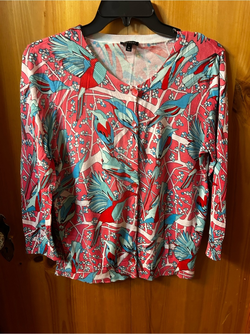 Talbots Pink Cardigan with Teal and Red Bird Print